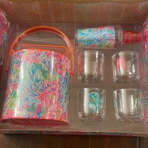 Lilly Pulitzer Drink Set- Ice Bucket, Glasses, Shaker Fan Sea Pants